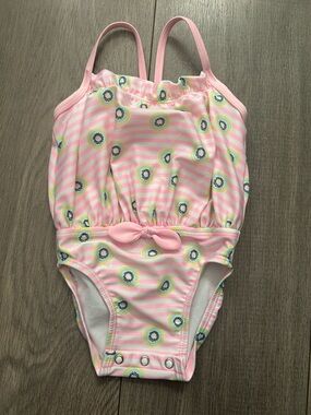Cat & Jack infant one-piece bathing suit, pink & white striped kiwi print